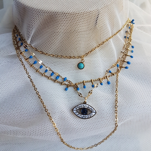 Swarovski Elements 18k Gold Plated Layered Symbolic Evil Eye Necklace NEW - Picture 6 of 17